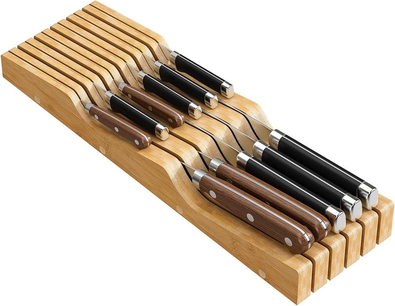 Wieghda Bamboo In-Drawer Knife Block for 11 Knives(Not Included), Knife Drawer Organizer,Knife Holder Countertop,Block Knife Storage Organizer for Kitchen - Image 1